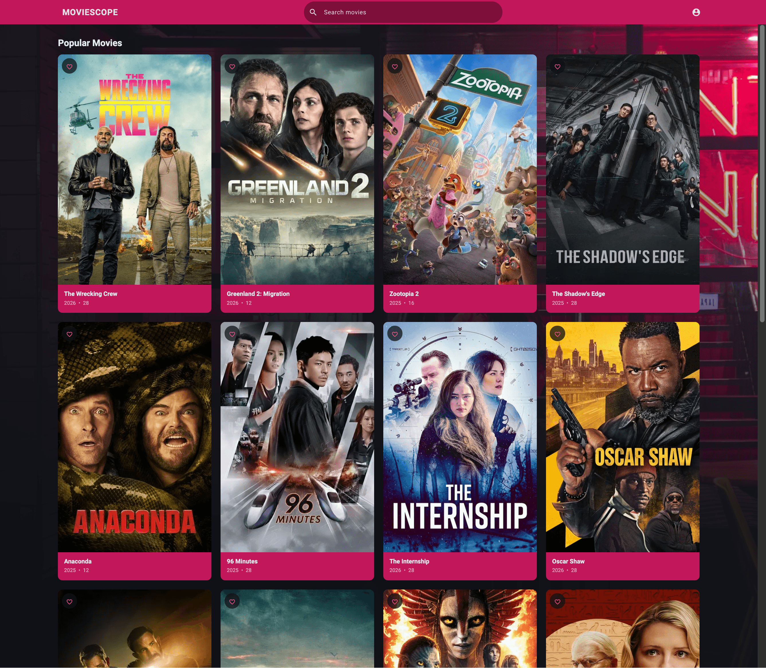 Moviescope Angular app interface with movie browsing screens