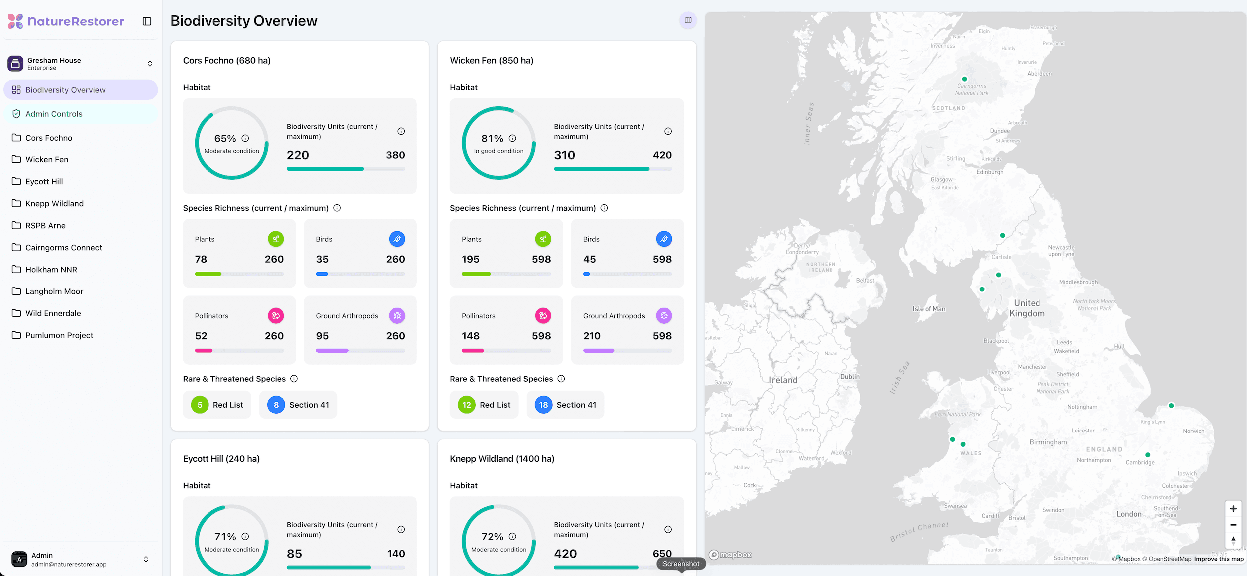 NatureRestorer dashboard preview with restoration metrics and map context